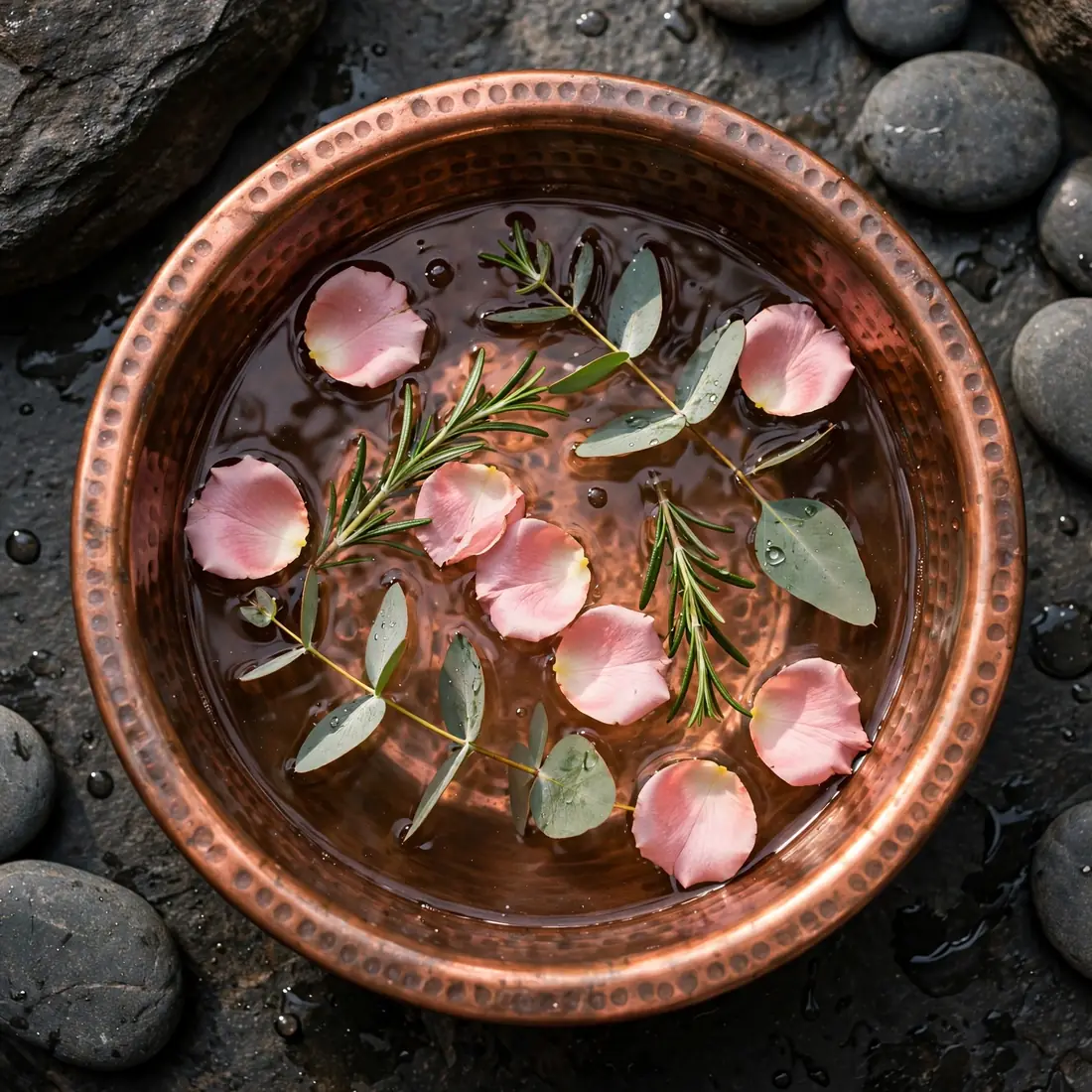 Copper foot bath with rose petals, eucalyptus and rosemary for the couples foot ritual