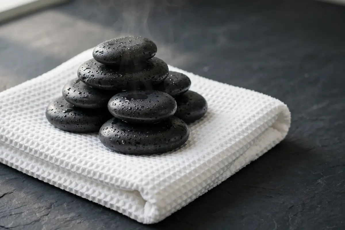 Heated basalt stones used for hot stone foot therapy