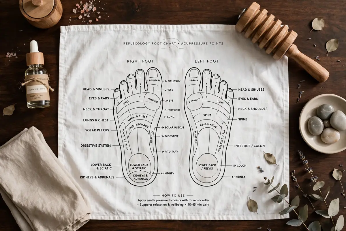 Reflexology pressure-point chart used to guide each foot reflexology session