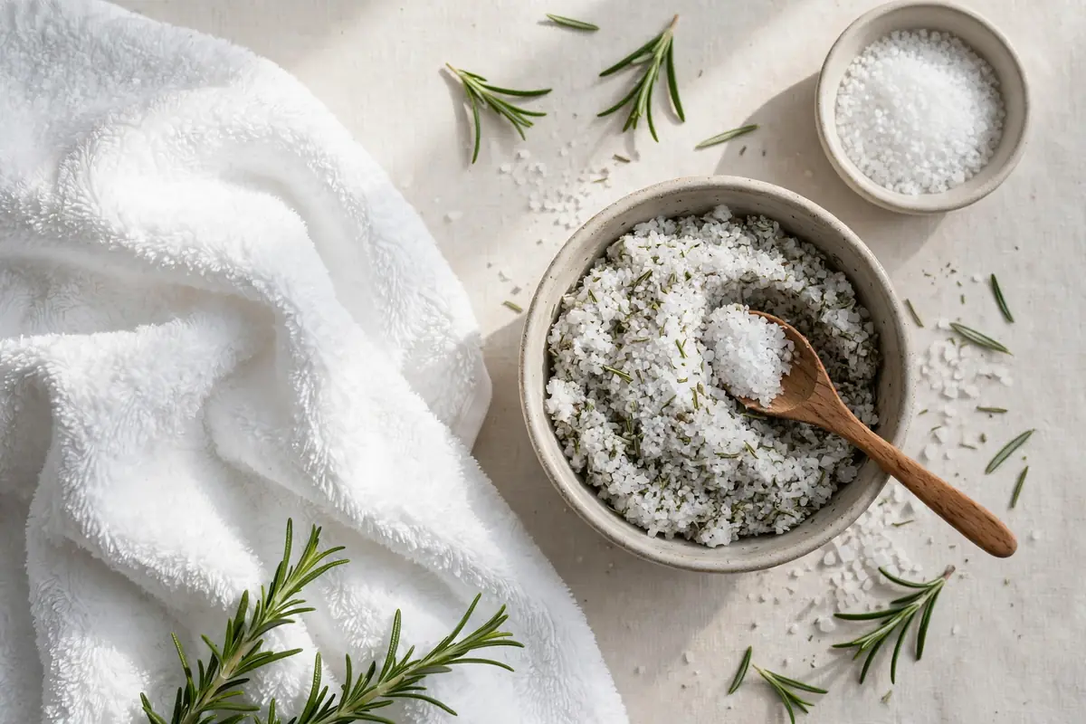 Rosemary infused foot-soak salts with a warm towel