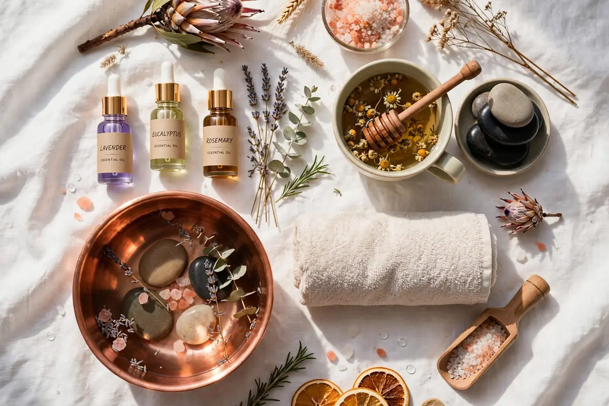Lavender, eucalyptus and rosemary oils laid out with a copper bowl and warm towel